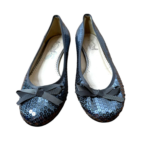 NEW! Anthropologie 8.5 Sequin Ballet Flats Shoes Bow Round Toe Gray Silver - Picture 1 of 6